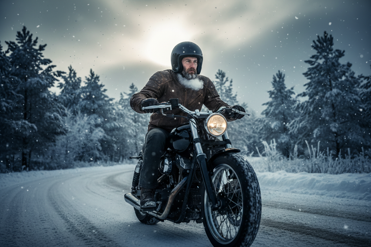 motosiklet süren yakışıklı erkek hava soğuk